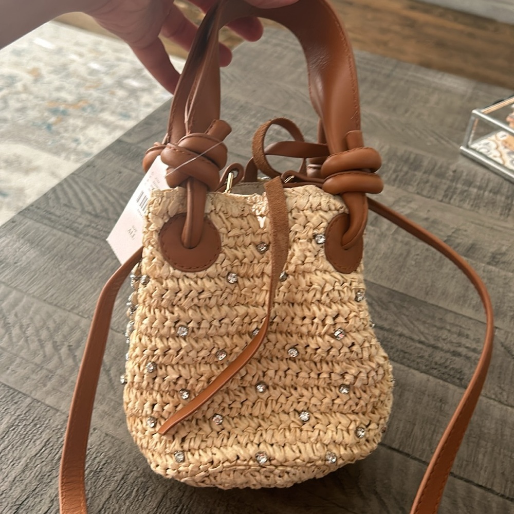 Anthropologie Maeve Rhinestone Raffia Mini Bag Day to Night Woven Beach Resort - Picture 6 of 10